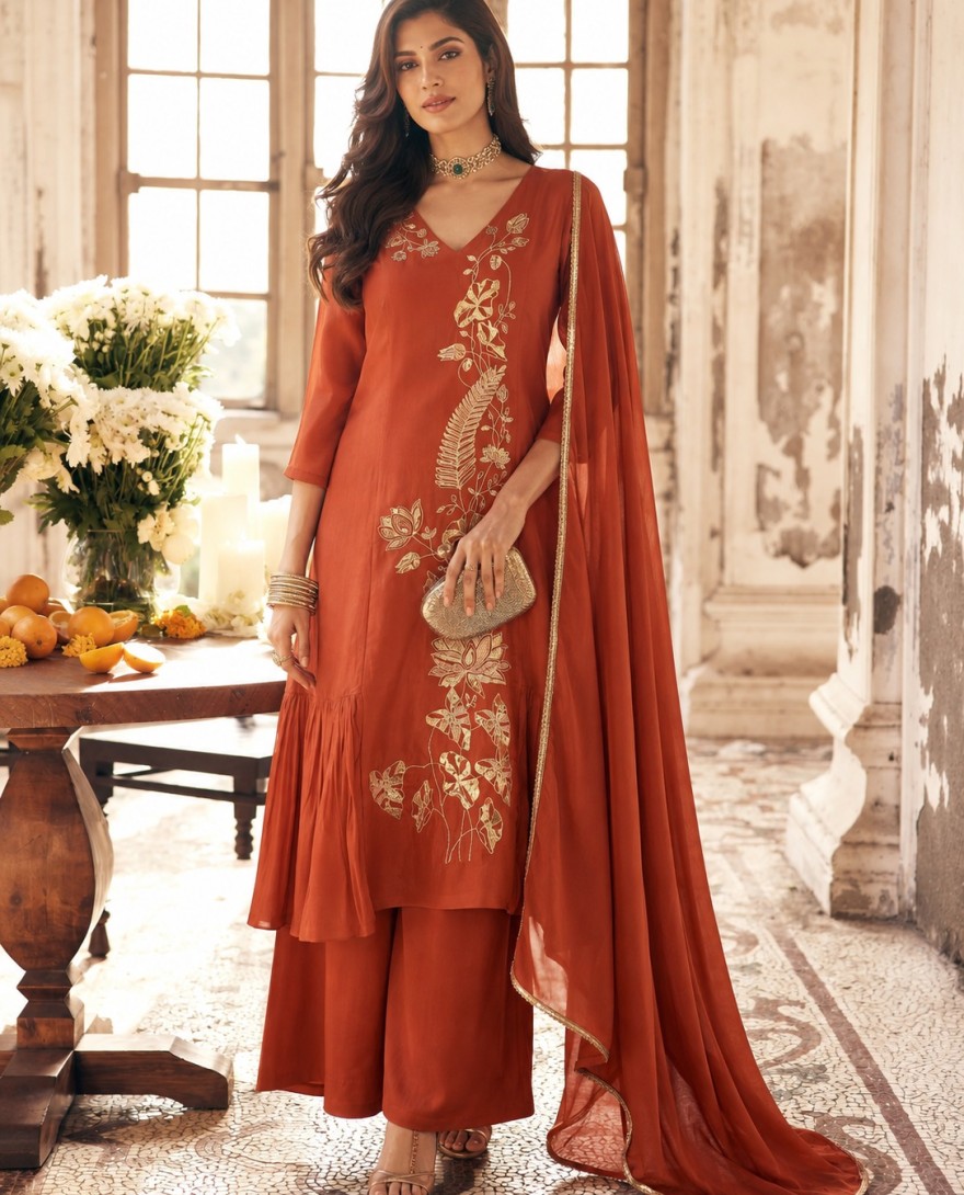 7112 - Orange Chanderi Embroidered Palazzo Salwar Kameez